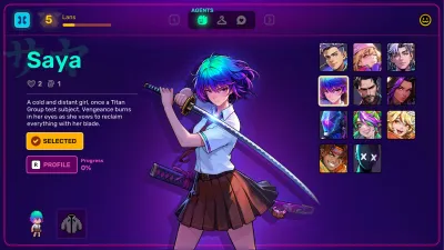 Neon Abyss 2 Agents screen showing Saya selected with her katana and a grid of Agent portraits.