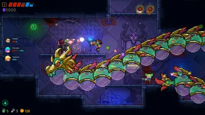 Neon Abyss 2 boss battle with a segmented green-and-gold creature crossing a blue dungeon room.