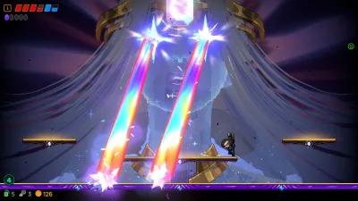 Neon Abyss 2 boss arena with twin rainbow laser beams sweeping across platforms beneath a giant glowing figure.