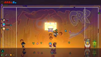 Neon Abyss 2 co-op gameplay room with three visible player characters, floating companions, and a bright arcade backdrop.