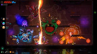 Neon Abyss 2 co-op combat room with a party HUD, a large flying armored enemy, and orange damage markers around the arena.