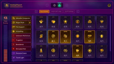 Neon Abyss 2 FATE Blessing screen showing 13 Fate Points and a grid of upgrade icons.
