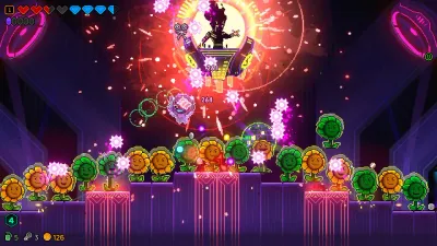 Neon Abyss 2 combat room with a silhouetted enemy, glowing gear projectiles, and flower-like enemies on neon platforms.