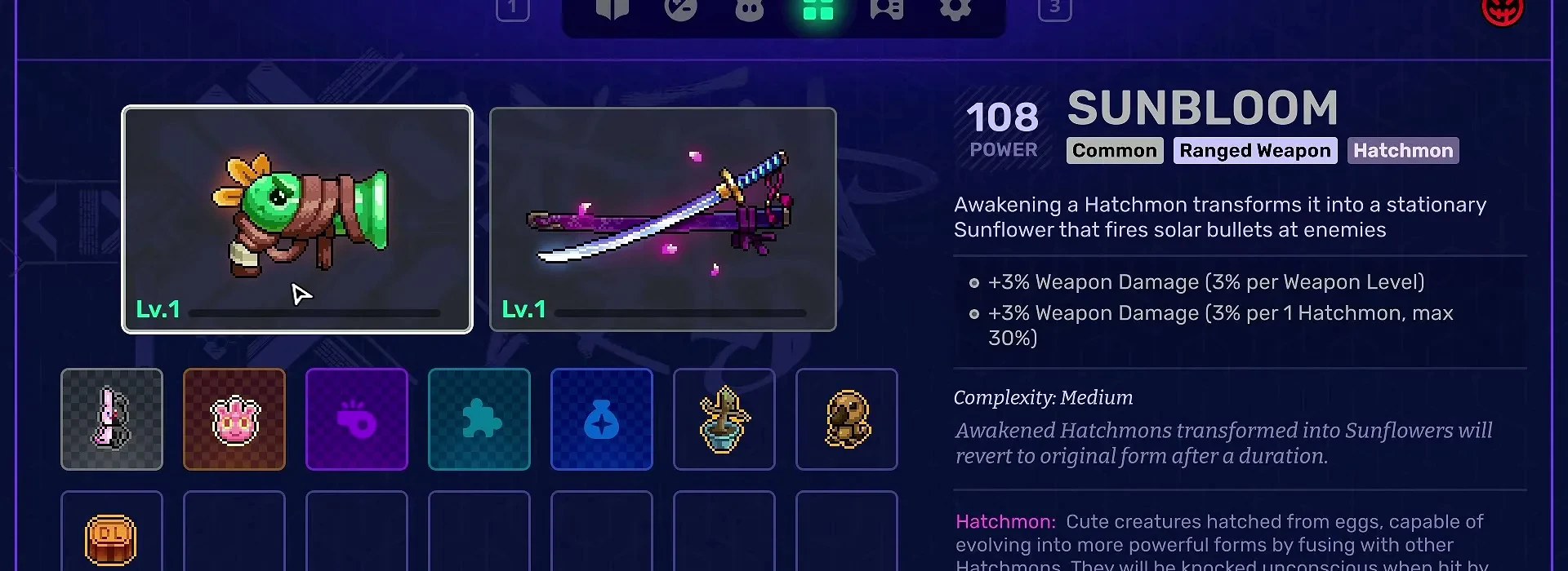 Neon Abyss 2のSunbloomアイテムカードに、ラン中に目覚めたHatchmonをひまわりタレットに変える効果が表示されている。