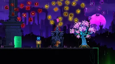 Neon Abyss 2 shrine room with a seated stone figure, glowing pink tree, green portal, and floating colored icons.