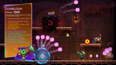 Neon Abyss 2 launch trailer frame showing a SUNBLOOM weapon card beside a character firing pink projectiles.