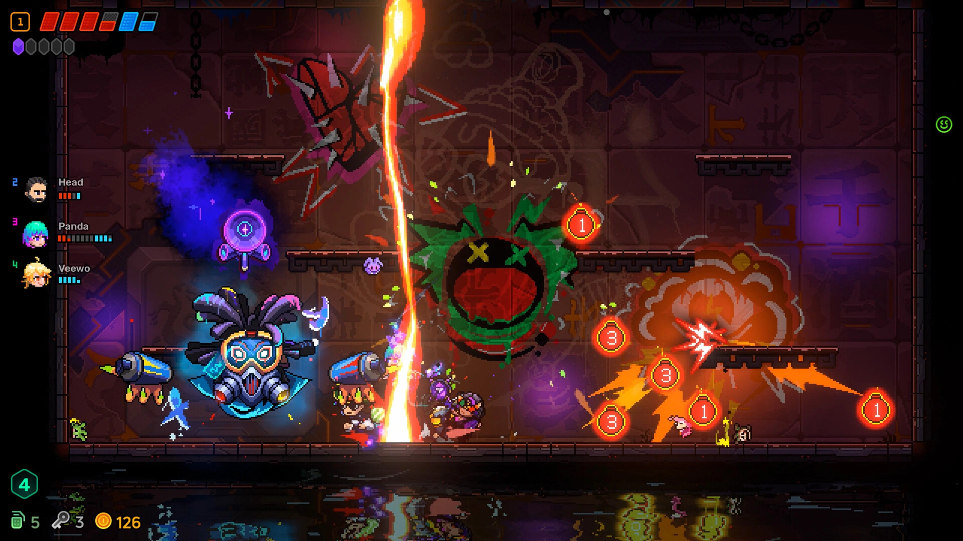 Neon Abyss 2 combat room with neon platforms, projectiles and a large flying enemy.